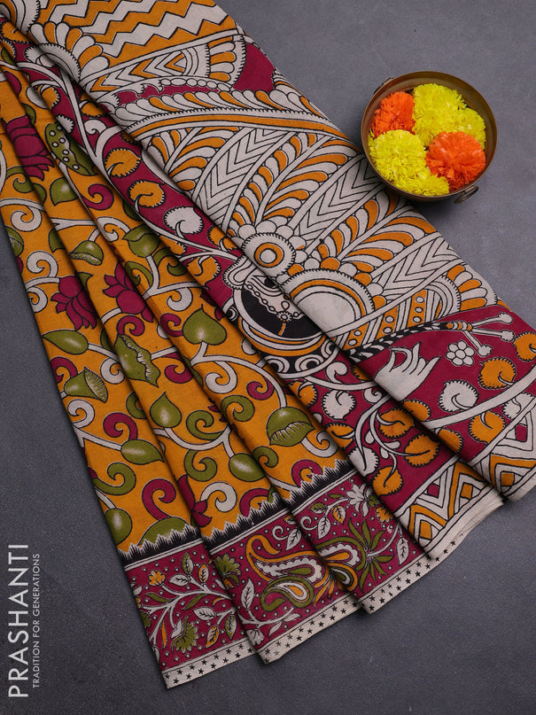 Mustard Yellow & Magenta Pink Kalamkari Cotton Saree