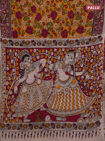 Mustard Yellow & Magenta Pink Kalamkari Cotton Saree