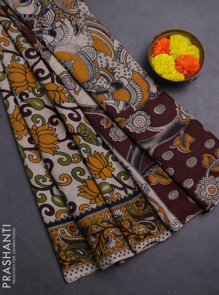 Beige & Mustard Yellow Kalamkari Cotton Saree