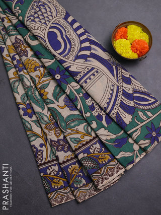 Beige & Blue Kalamkari Cotton Saree