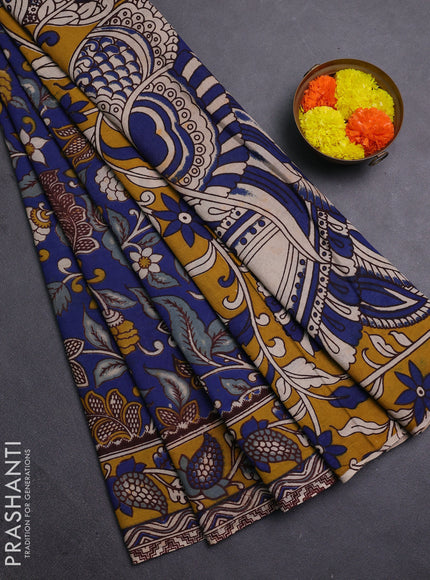 Blue & Mustard Yellow Kalamkari Cotton Saree