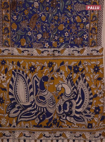 Blue & Mustard Yellow Kalamkari Cotton Saree