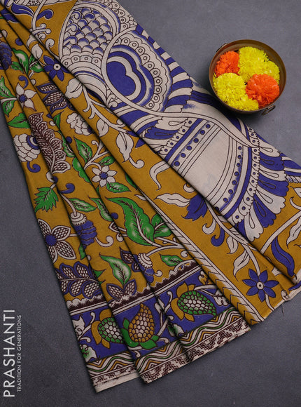 Mustard Yellow & Blue Kalamkari Cotton Saree