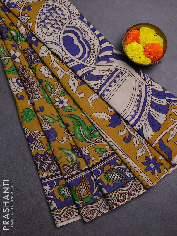 Mustard Yellow & Blue Kalamkari Cotton Saree