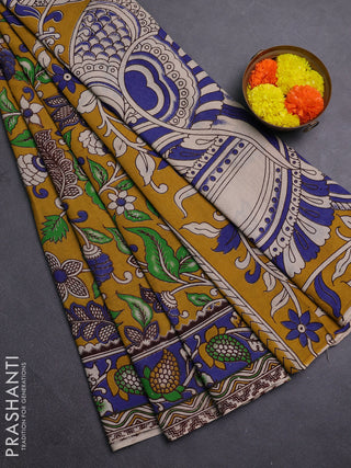 Mustard Yellow & Blue Kalamkari Cotton Saree