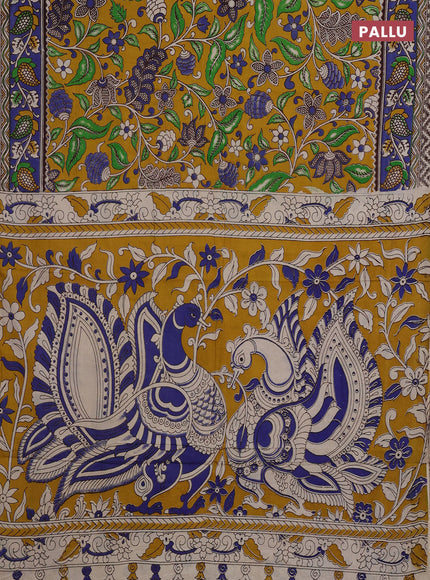 Mustard Yellow & Blue Kalamkari Cotton Saree