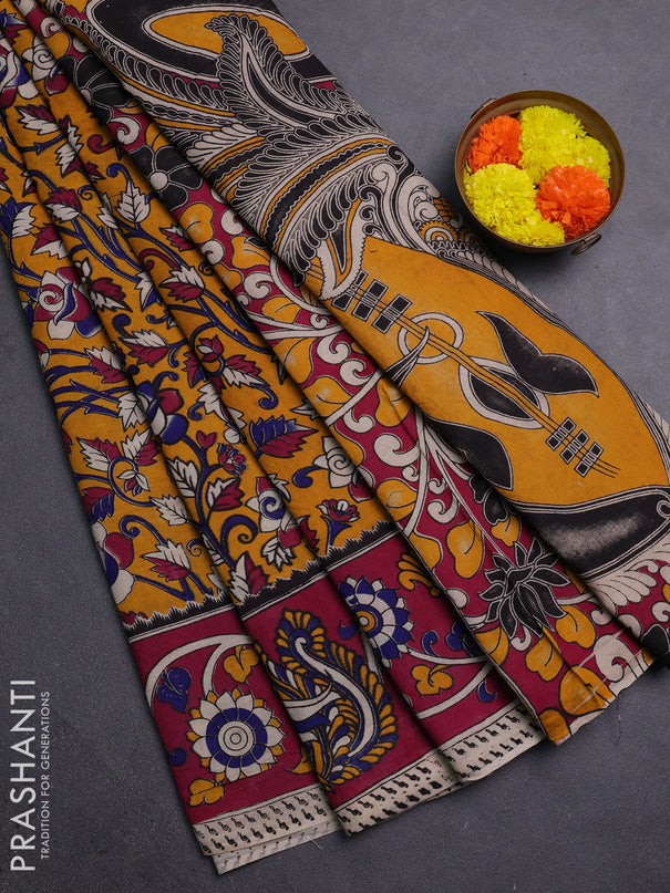 Mustard Yellow & Magenta Pink Kalamkari Cotton Saree