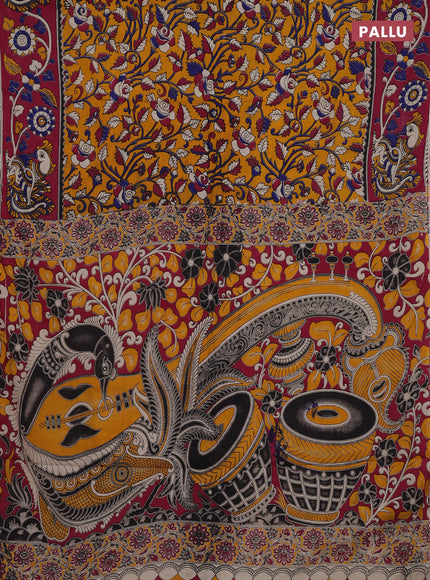Mustard Yellow & Magenta Pink Kalamkari Cotton Saree