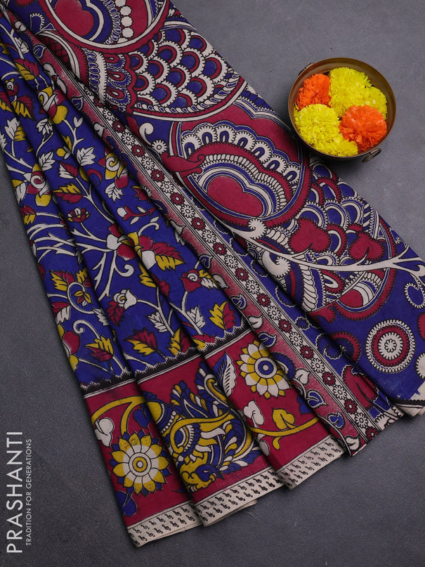 Blue & Magenta Pink Kalamkari Cotton Saree