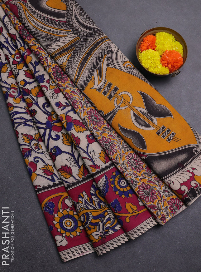 Beige & Magenta Pink Kalamkari Cotton Saree