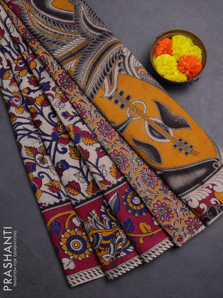 Beige & Magenta Pink Kalamkari Cotton Saree