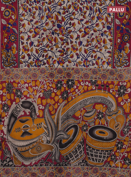 Beige & Magenta Pink Kalamkari Cotton Saree