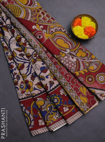Beige & Maroon Kalamkari Cotton Saree