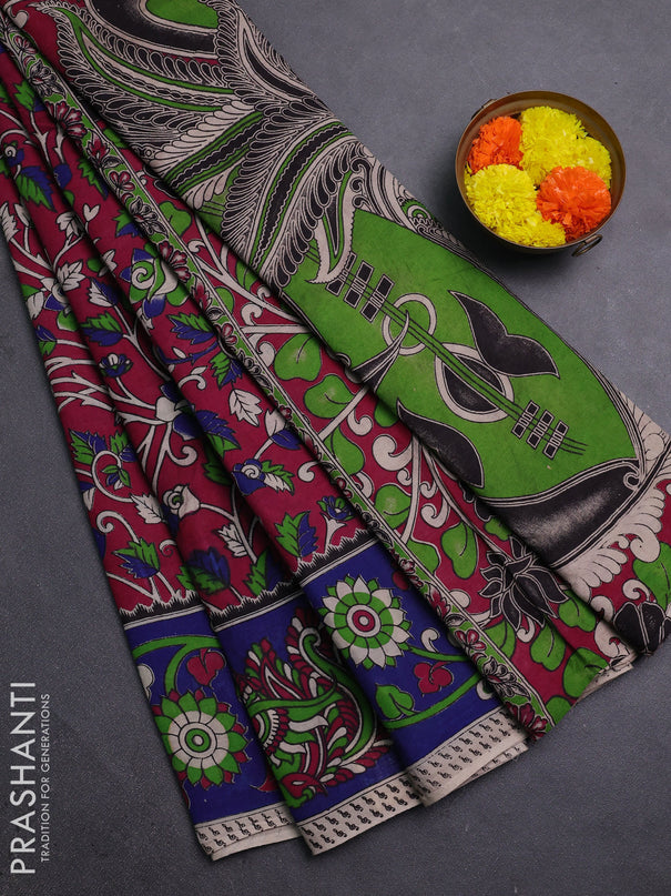 Magenta Pink & Blue Kalamkari Cotton Saree