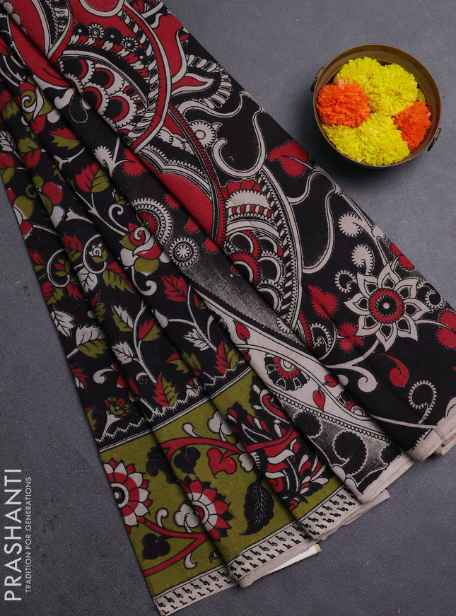Black & Mehendi Green Kalamkari Cotton Saree