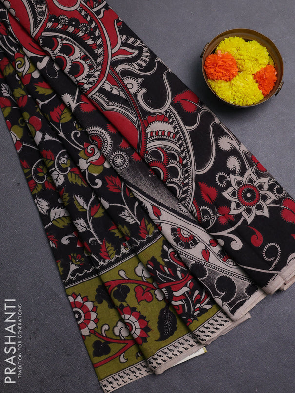 Black & Mehendi Green Kalamkari Cotton Saree