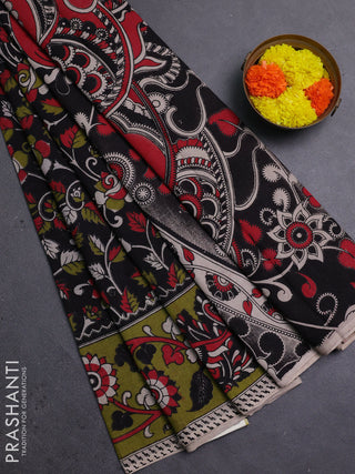 Black & Mehendi Green Kalamkari Cotton Saree