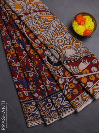 Maroon & Blue Kalamkari Cotton Saree