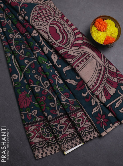 Peacock Green & Pink Kalamkari Cotton Saree