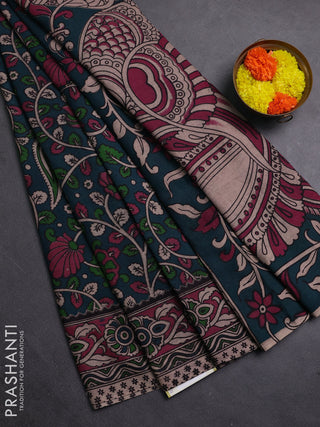 Peacock Green & Pink Kalamkari Cotton Saree