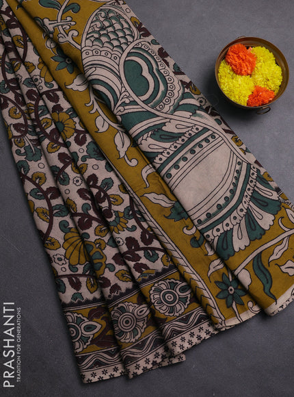 Beige & Mehendi Green Kalamkari Cotton Saree