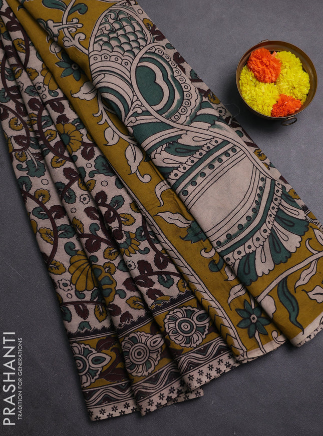 Beige & Mehendi Green Kalamkari Cotton Saree