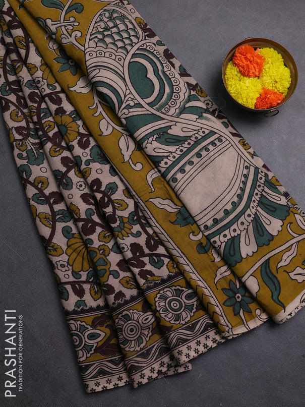 Beige & Mehendi Green Kalamkari Cotton Saree