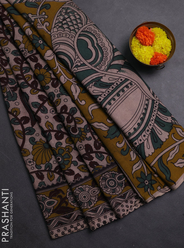 Beige & Mehendi Green Kalamkari Cotton Saree