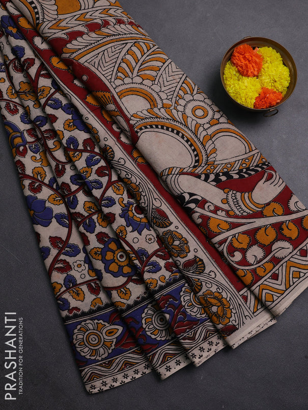 Beige & Blue Kalamkari Cotton Saree