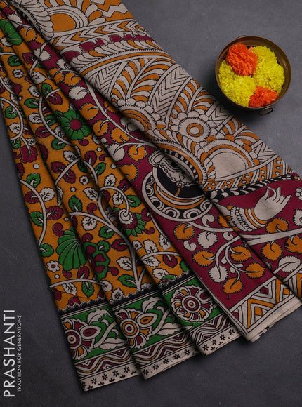 Mustard Yellow & Green Kalamkari Cotton Saree