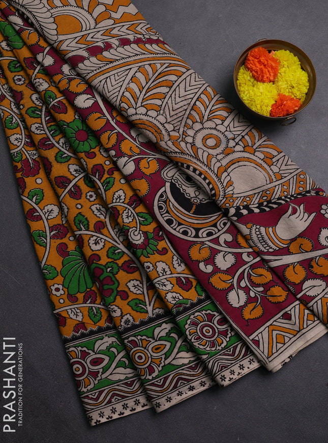 Mustard Yellow & Green Kalamkari Cotton Saree