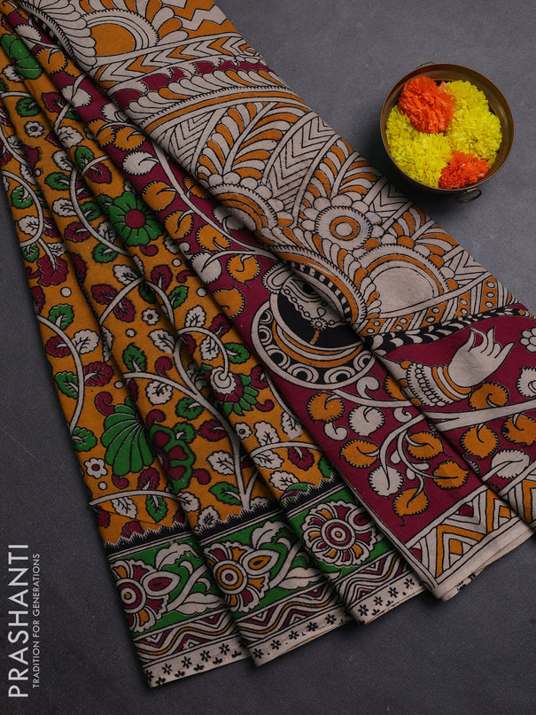 Mustard Yellow & Green Kalamkari Cotton Saree