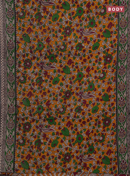Mustard Yellow & Green Kalamkari Cotton Saree