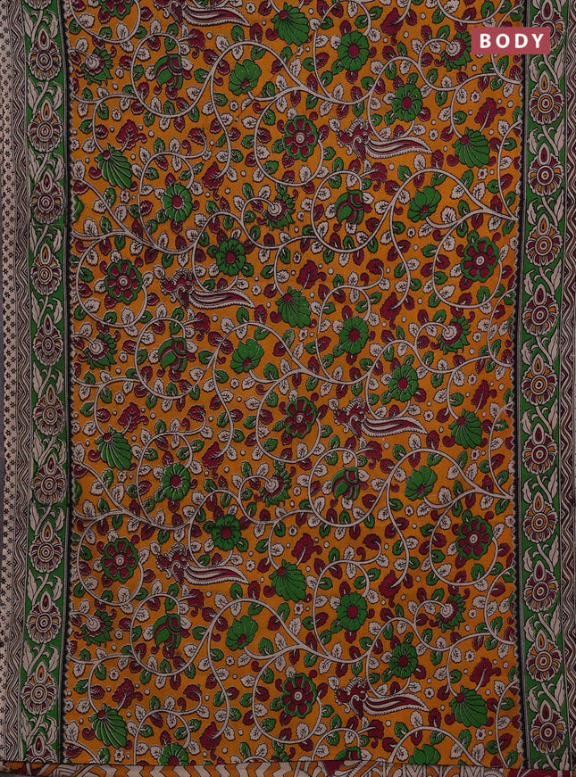 Mustard Yellow & Green Kalamkari Cotton Saree