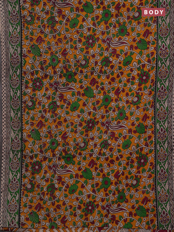 Mustard Yellow & Green Kalamkari Cotton Saree