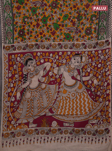 Mustard Yellow & Green Kalamkari Cotton Saree