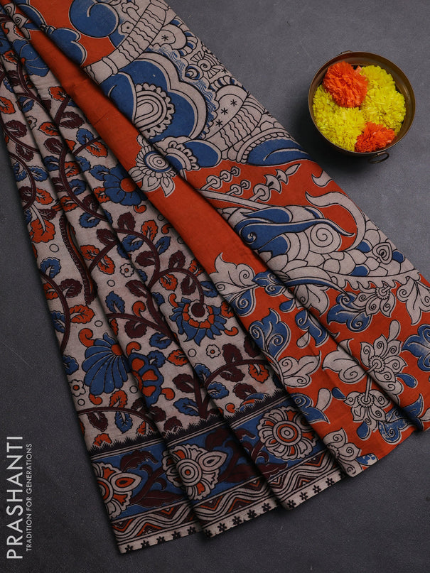 Beige & Blue Kalamkari Cotton Saree