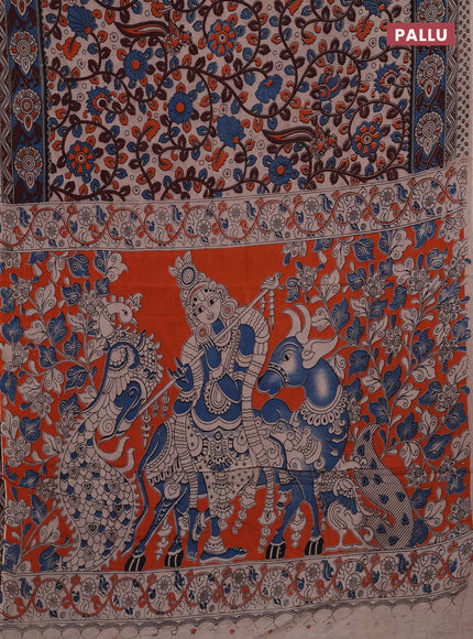 Beige & Blue Kalamkari Cotton Saree