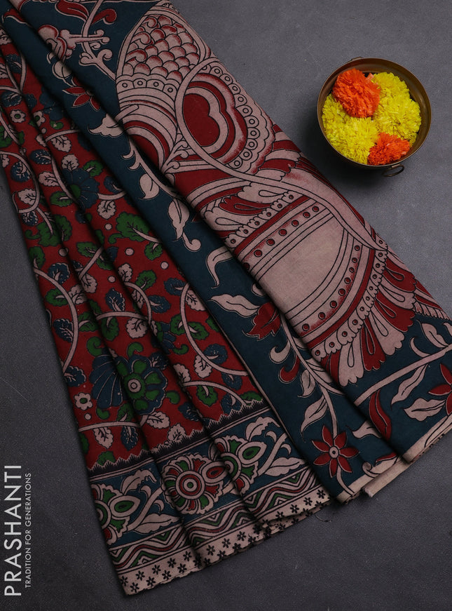 Red & Peacock Green Kalamkari Cotton Saree