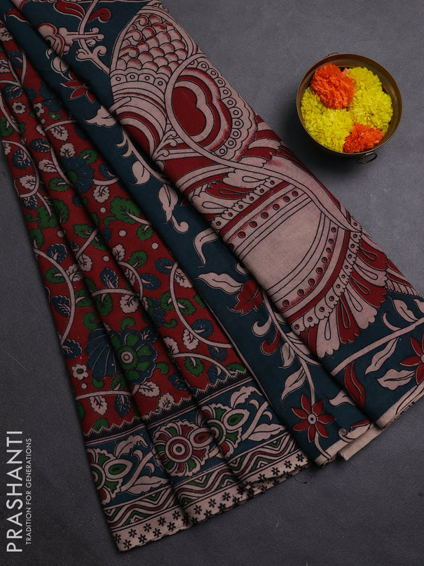 Red & Peacock Green Kalamkari Cotton Saree