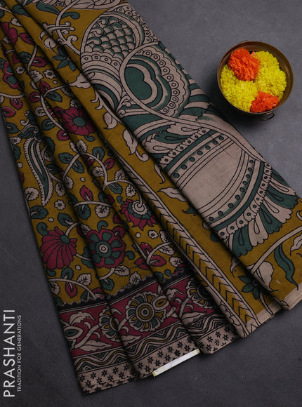 Mehendi Green & Magenta Pink Kalamkari Cotton Saree