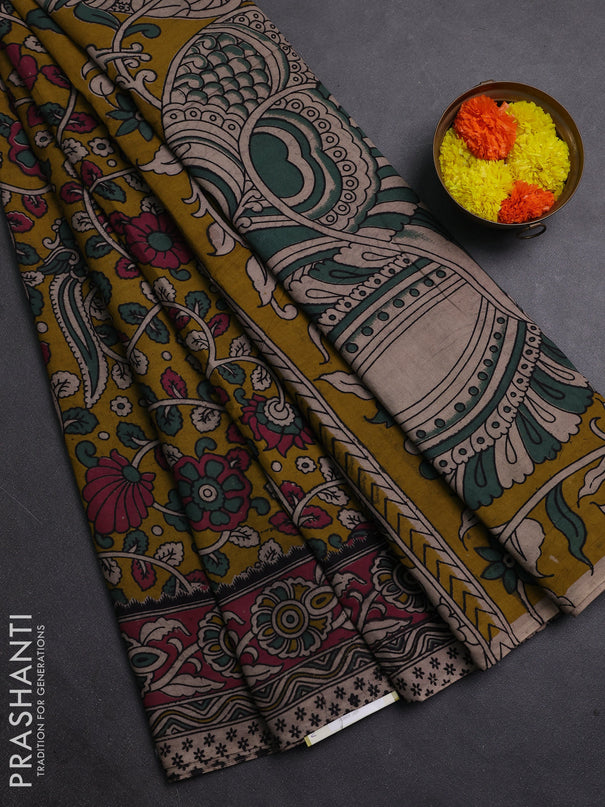 Mehendi Green & Magenta Pink Kalamkari Cotton Saree
