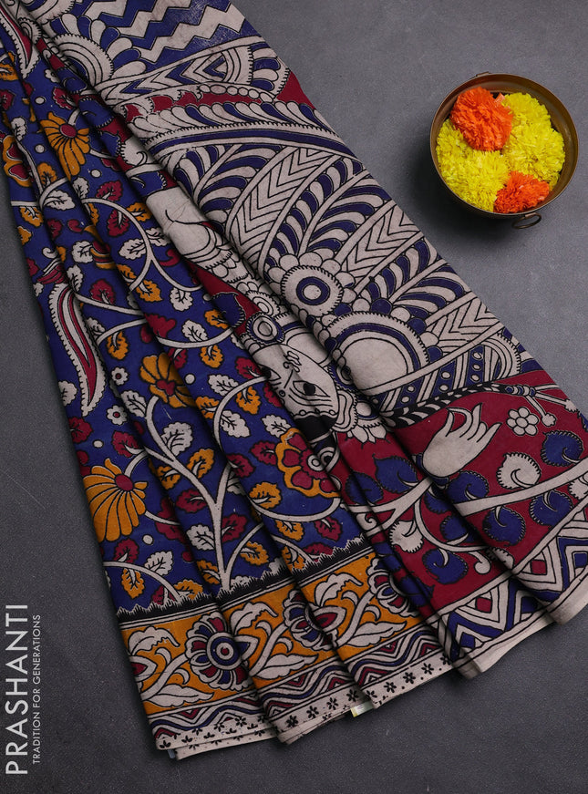 Blue & Mustard Yellow Kalamkari Cotton Saree
