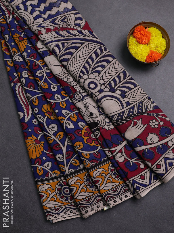 Blue & Mustard Yellow Kalamkari Cotton Saree