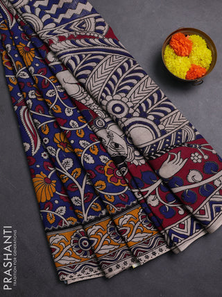 Blue & Mustard Yellow Kalamkari Cotton Saree