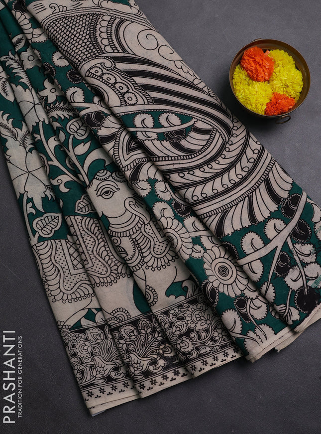 Teal Green & Beige Kalamkari Cotton Saree