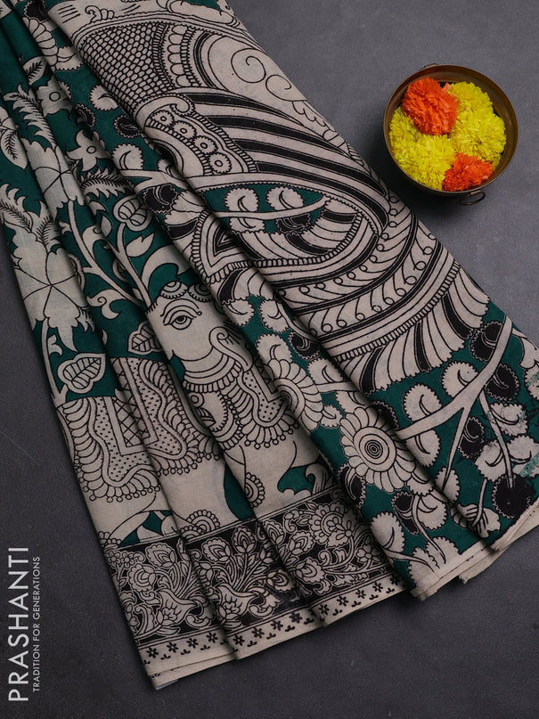 Teal Green & Beige Kalamkari Cotton Saree