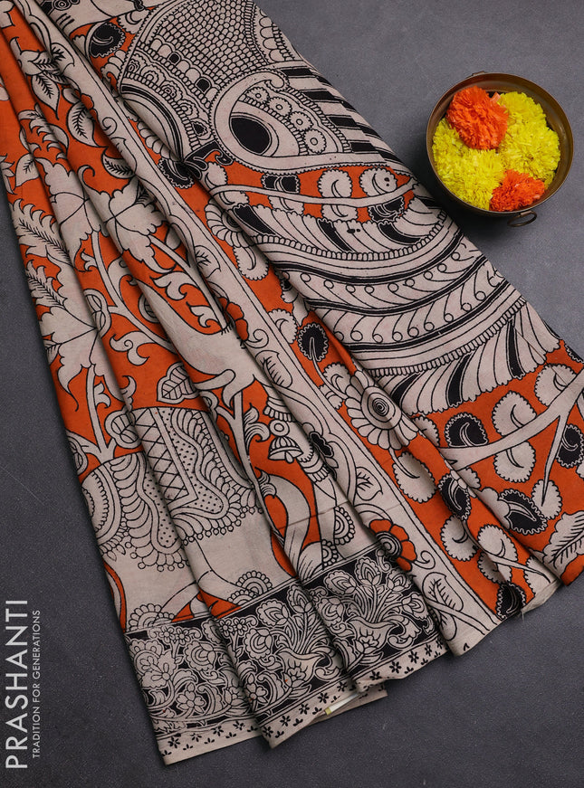 Orange & Beige Kalamkari Cotton Saree