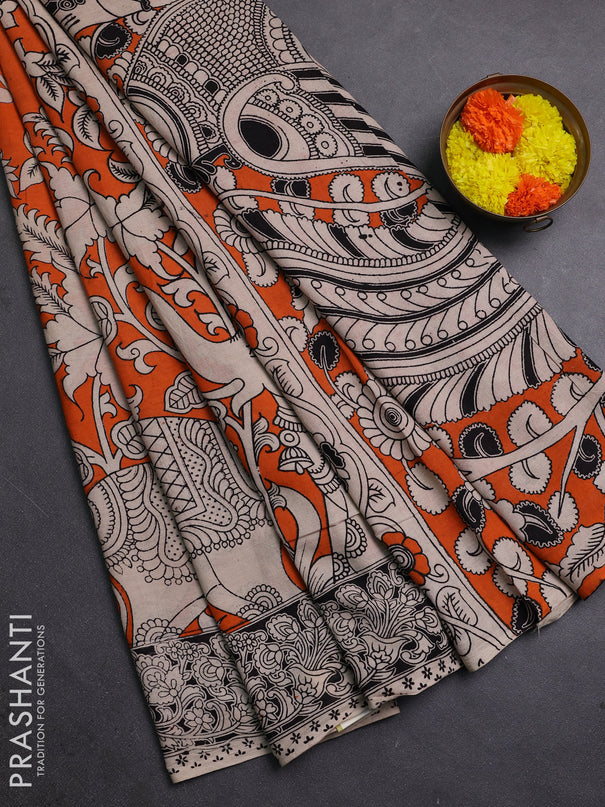 Orange & Beige Kalamkari Cotton Saree