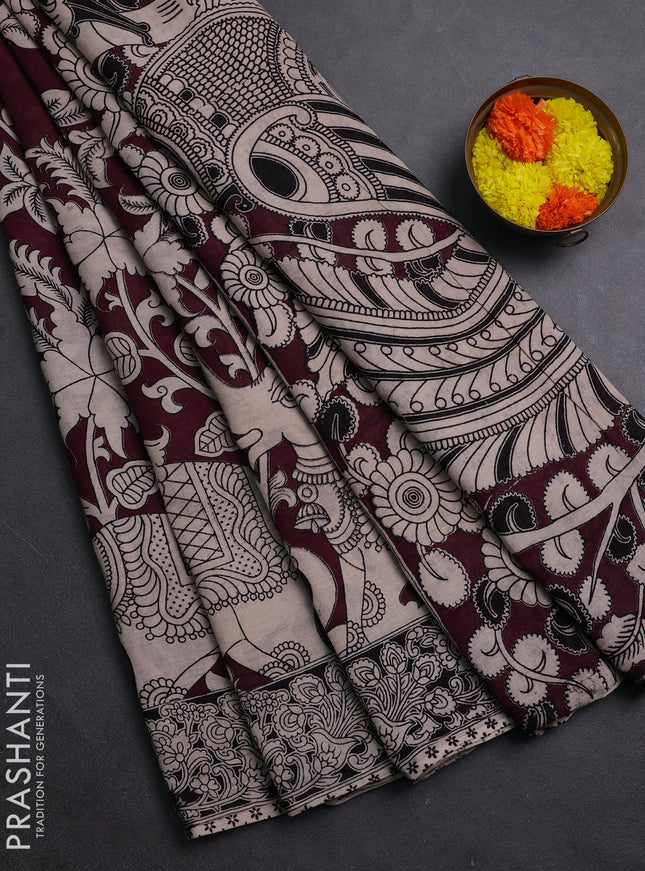 Wine & Beige Kalamkari Cotton Saree
